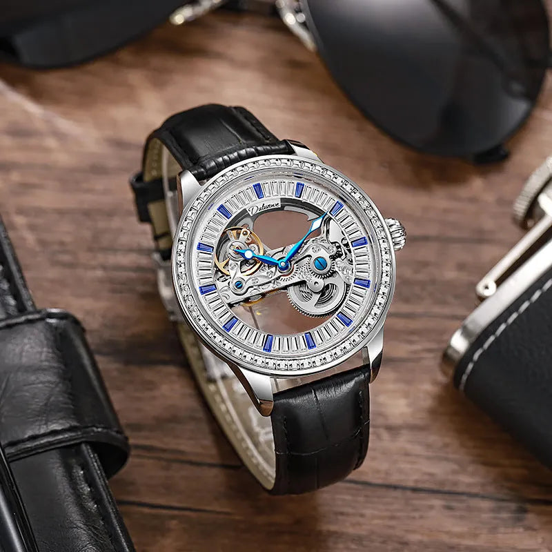 Men's rose gold stainless steel mechanical watch with transparent case back on wrist