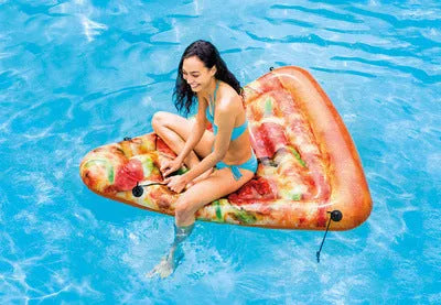 Pizza-shaped inflatable surfboard lounger for pools and beaches
