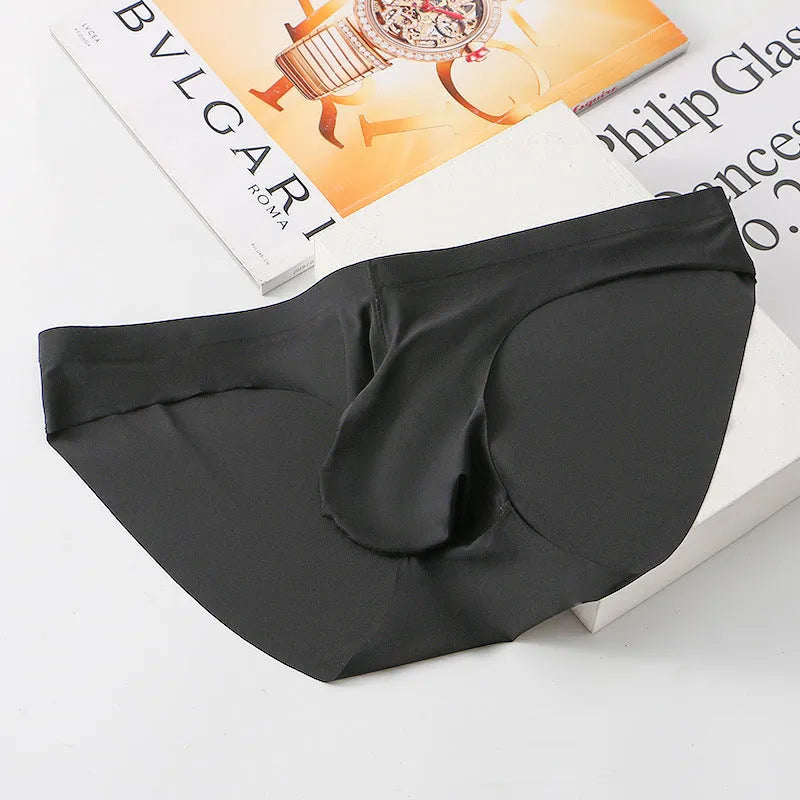 Ice silk seamless men's briefs in a dark colour showing mid waist fit and bullet separation pouch design.