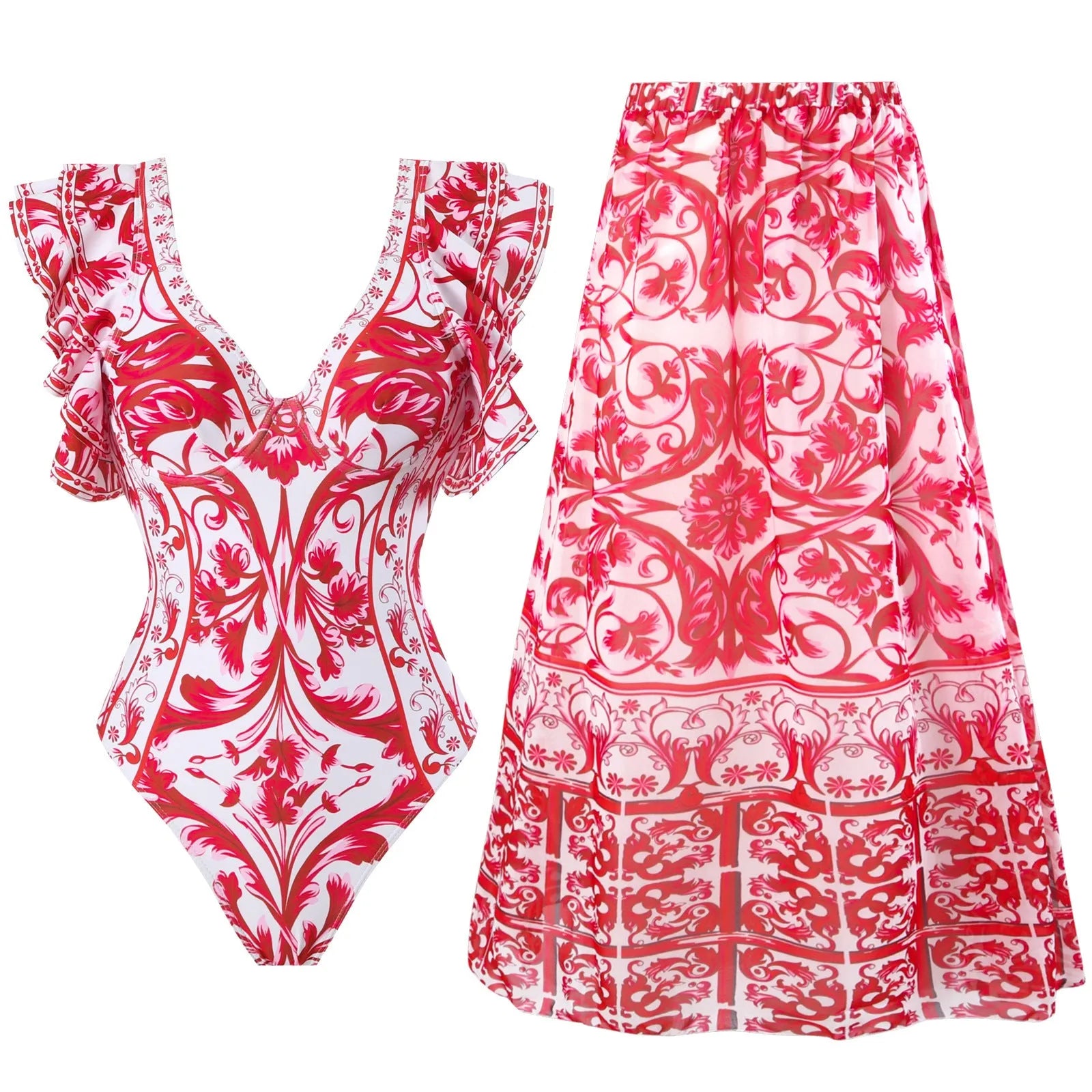 Women's printed one-piece swimsuit with matching cover-up skirt in rose pink.