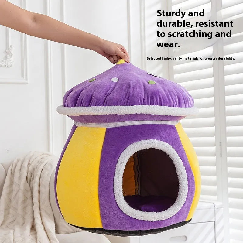 Mushroom-shaped cat nest with detachable thermal blanket in rabbit plush material