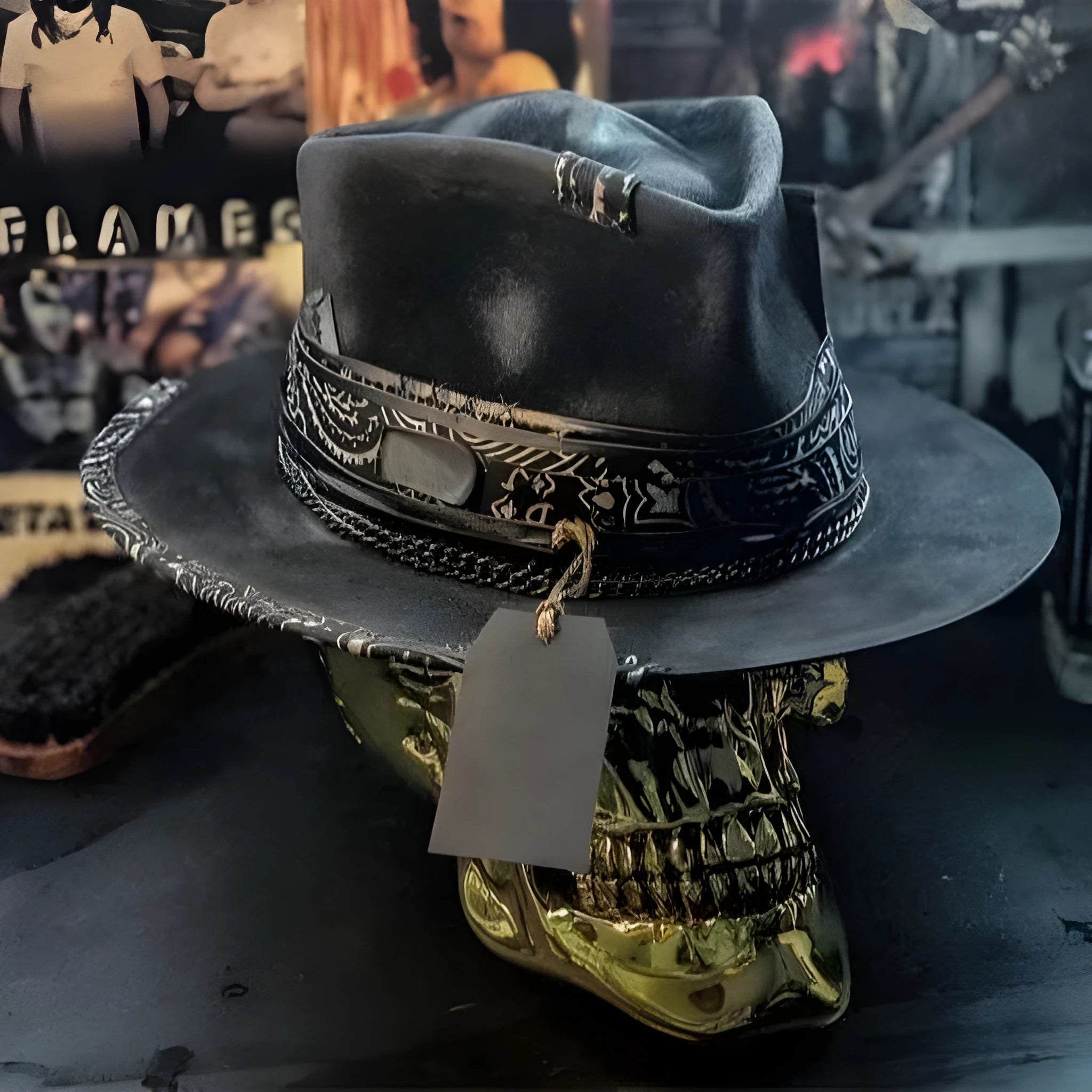Handmade wool felt Halloween hat with a pointed conical crown in a skull design.
