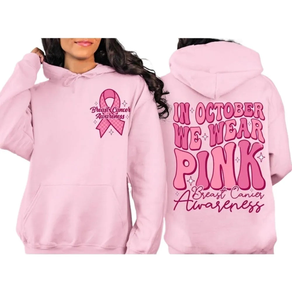 Breast Cancer Awareness pullover hoodie with retro art design and side seam pockets in pink colour.