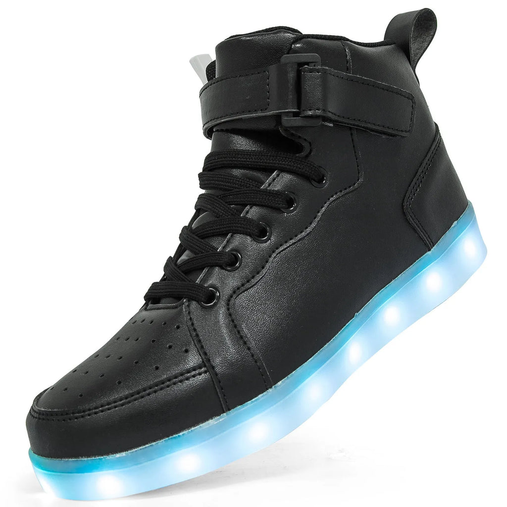 Unisex black LED high-top trainers with Velcro strap and glowing lights on the sole.