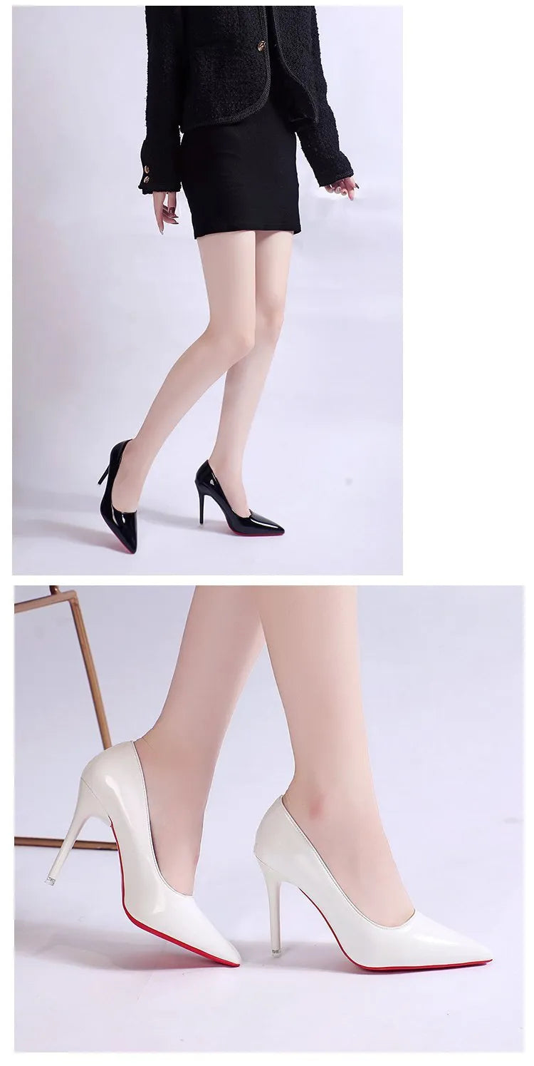 Women's pointed toe stiletto heel pumps in solid colours with shallow mouth opening