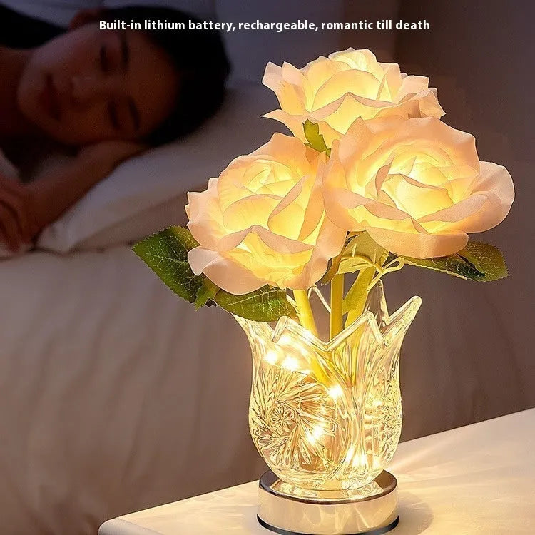 Crystal flowers decorative table lamp with touch control dimming and rechargeable battery