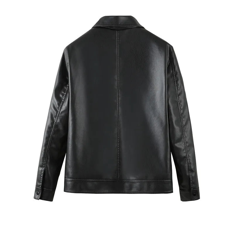 Men's black PU leather casual jacket showing front view with zipper pockets.