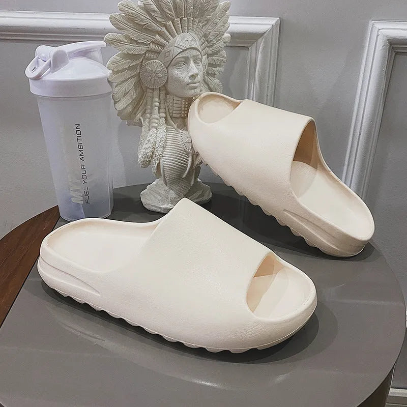 Women's beach slipper with thick EVA sole in beige, black, brown, or green, showing youth fashion style.