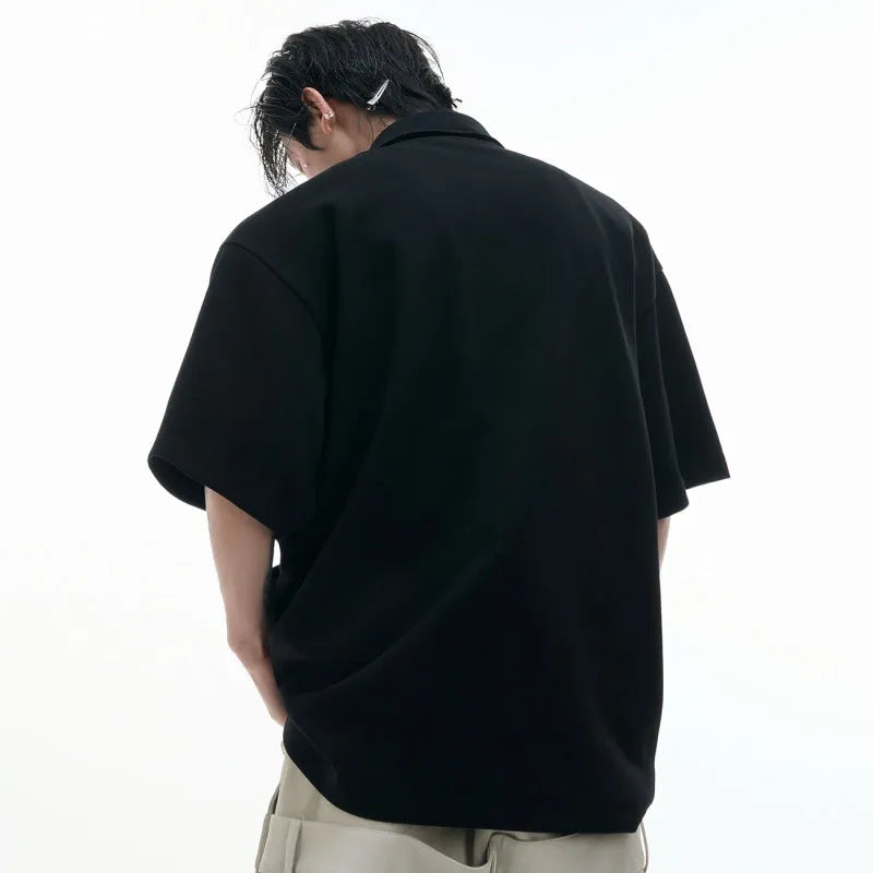 Men's deconstructed polo shirt with geometric pattern and multiple collar styles in loose fit