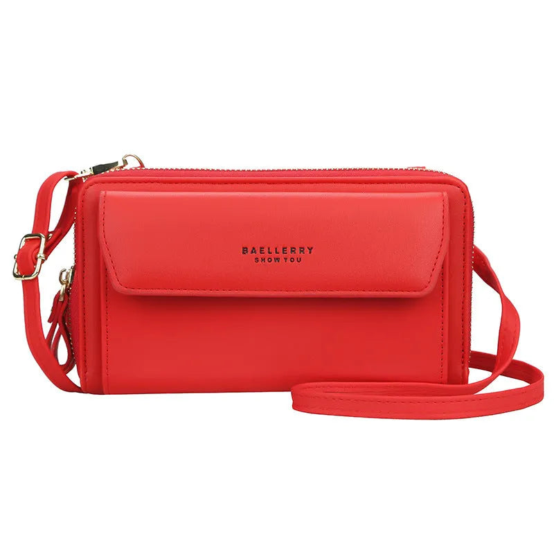 Soft PU leather long wallet with double zip closure in horizontal square shape showing colour options