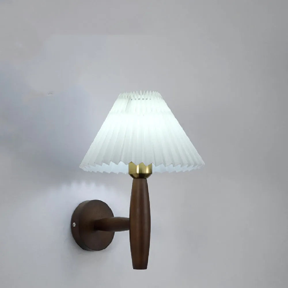 American retro style wall lamp with rubber wood frame and fabric shade in walnut wood colour