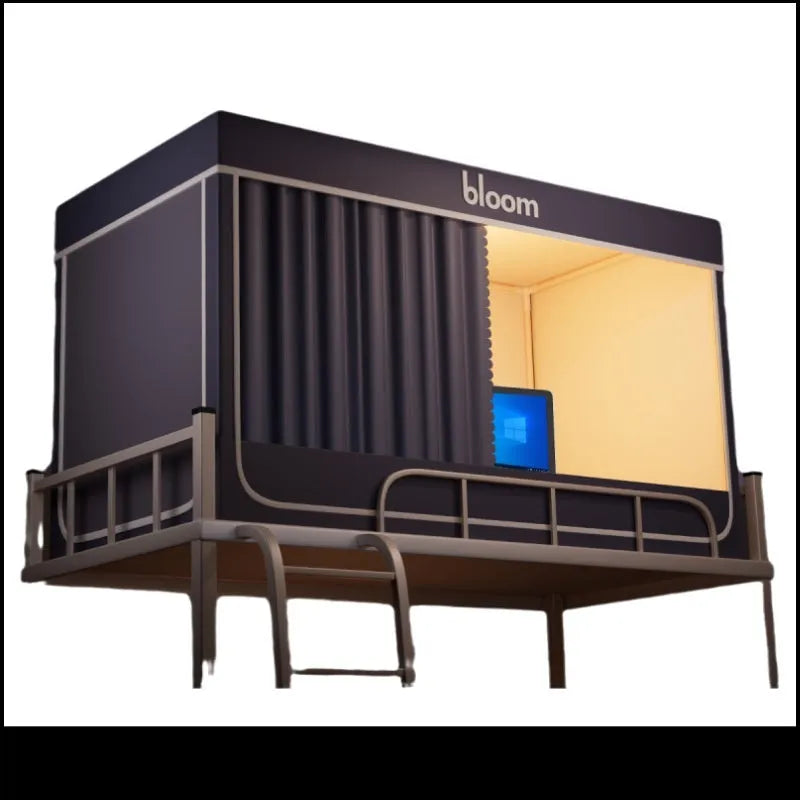 Grey integrated mosquito net and bed curtain set for a 0.9 metre bed with strong light blocking sides.
