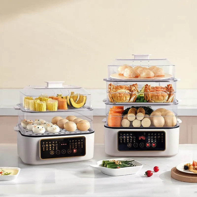 Electric steamer appliance with stainless steel finish and steaming rack