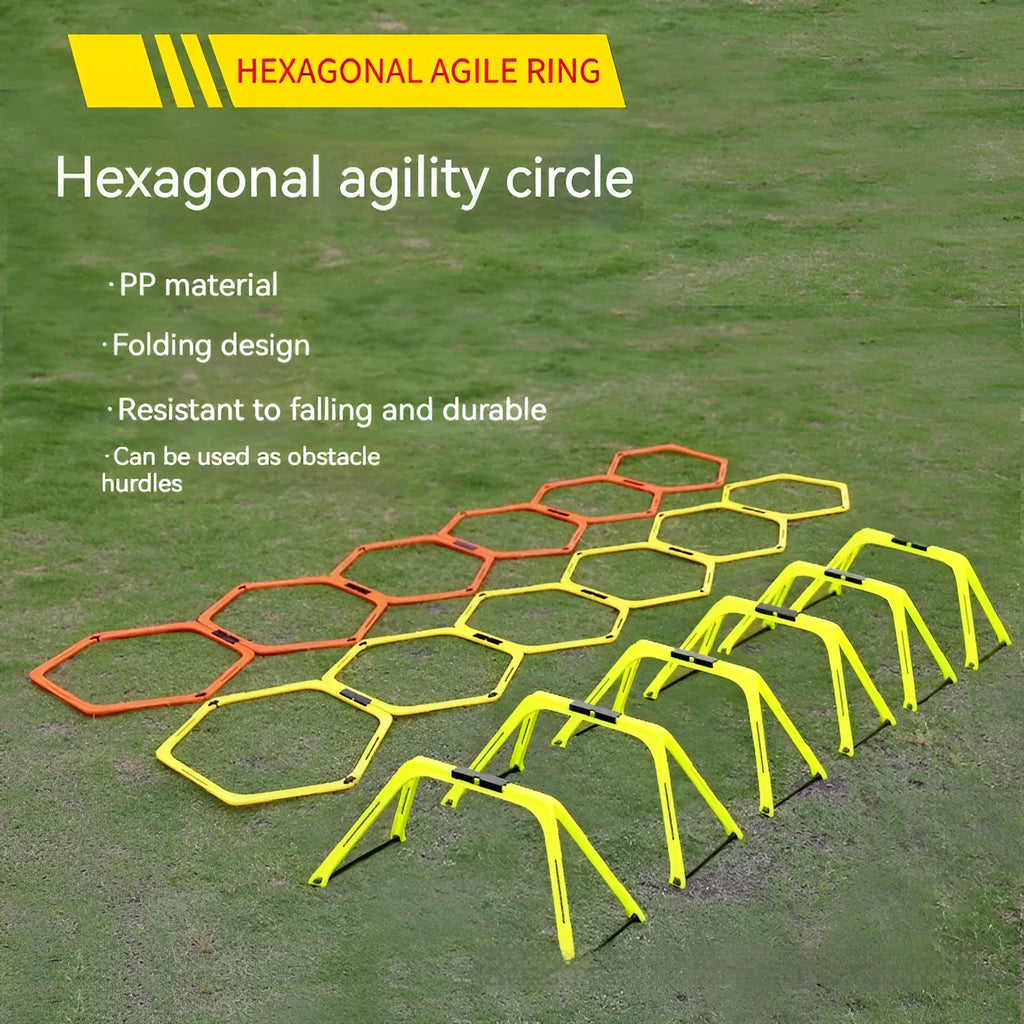 Set of six foldable hexagon football agility training rings in yellow green and orange plastic