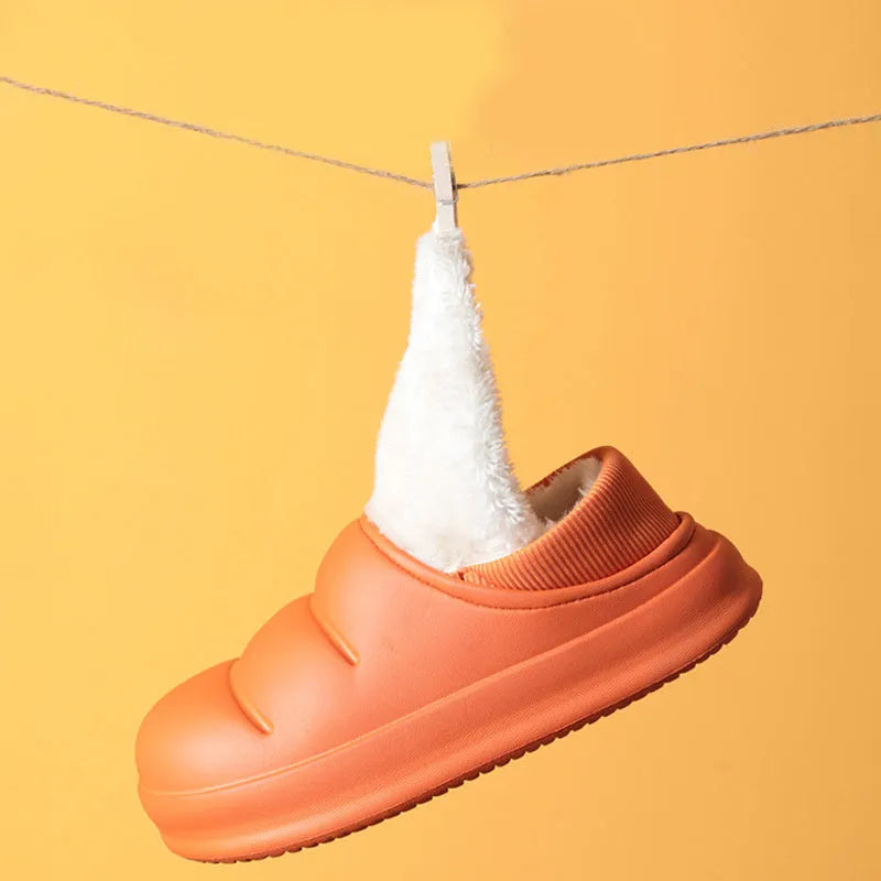Waterproof EVA winter slippers with plush lining in multiple colours showing non-slip soles