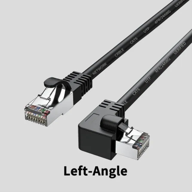 Cat6 Ethernet cable with right-angle RJ45 connector in multiple colour options including black, white, and red