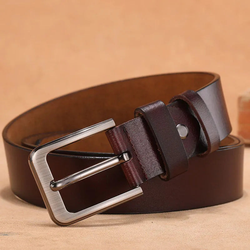 Square-head pin buckle jeans strap belt in black or brown with alloy laser buckle