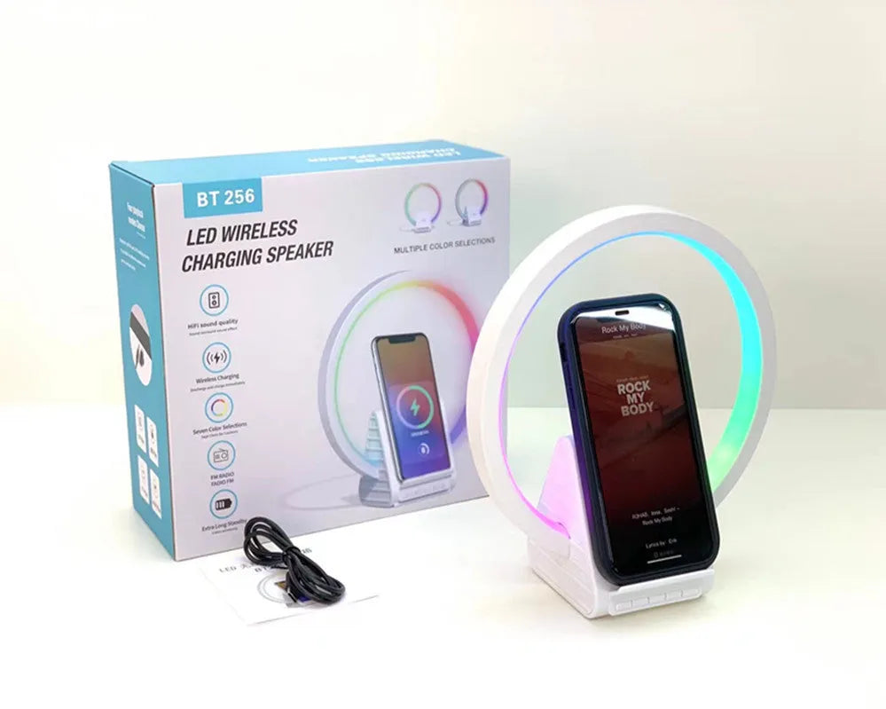 White smart Bluetooth speaker with wireless charging pad and ambience light, dimensions 225mm x 200mm