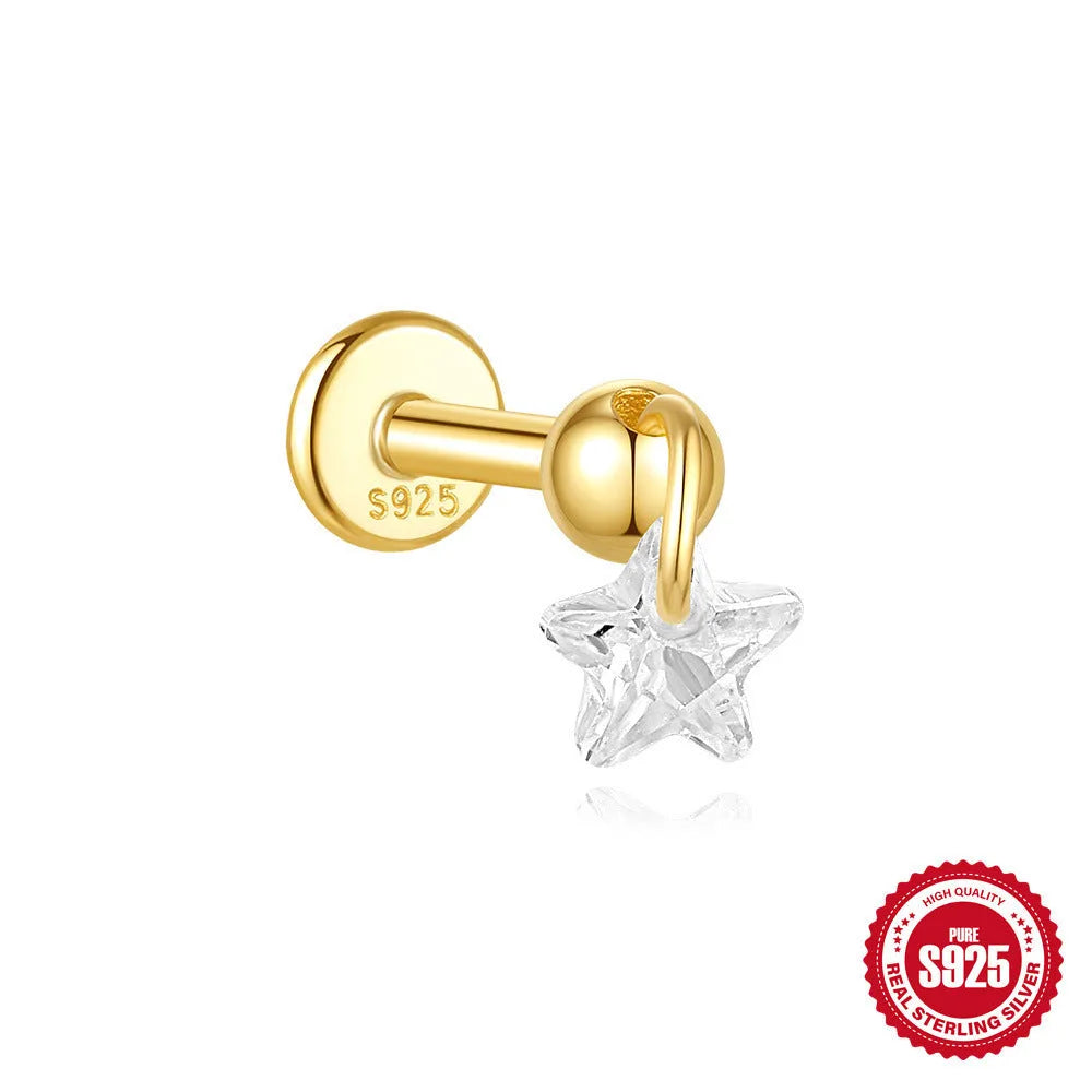 S925 sterling silver geometric earrings with a gold-plated moon and star design.