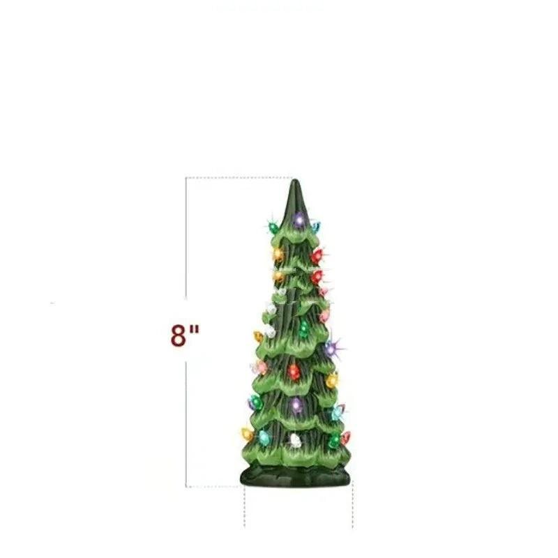 European-style Christmas tree ornament with lights, shown in different sizes for home or courtyard.
