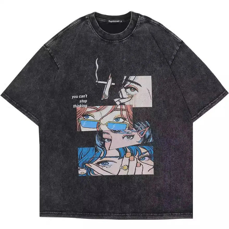 Men's retro cartoon print pure cotton short sleeve t-shirt in loose streetwear style