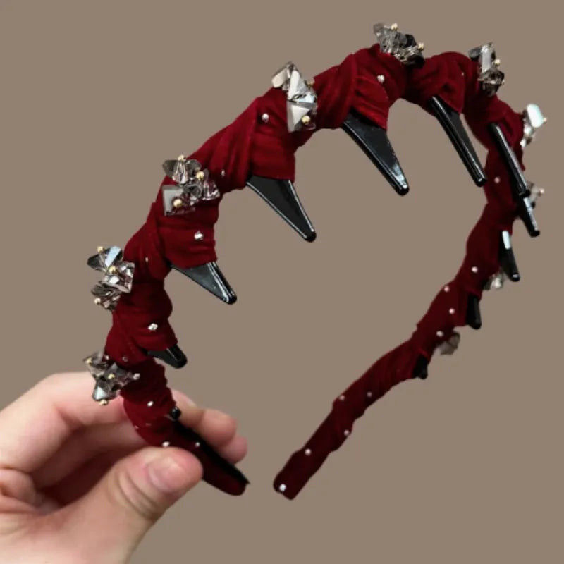 French velvet crystal hairband in wine red colour with hand-beaded details for face washing