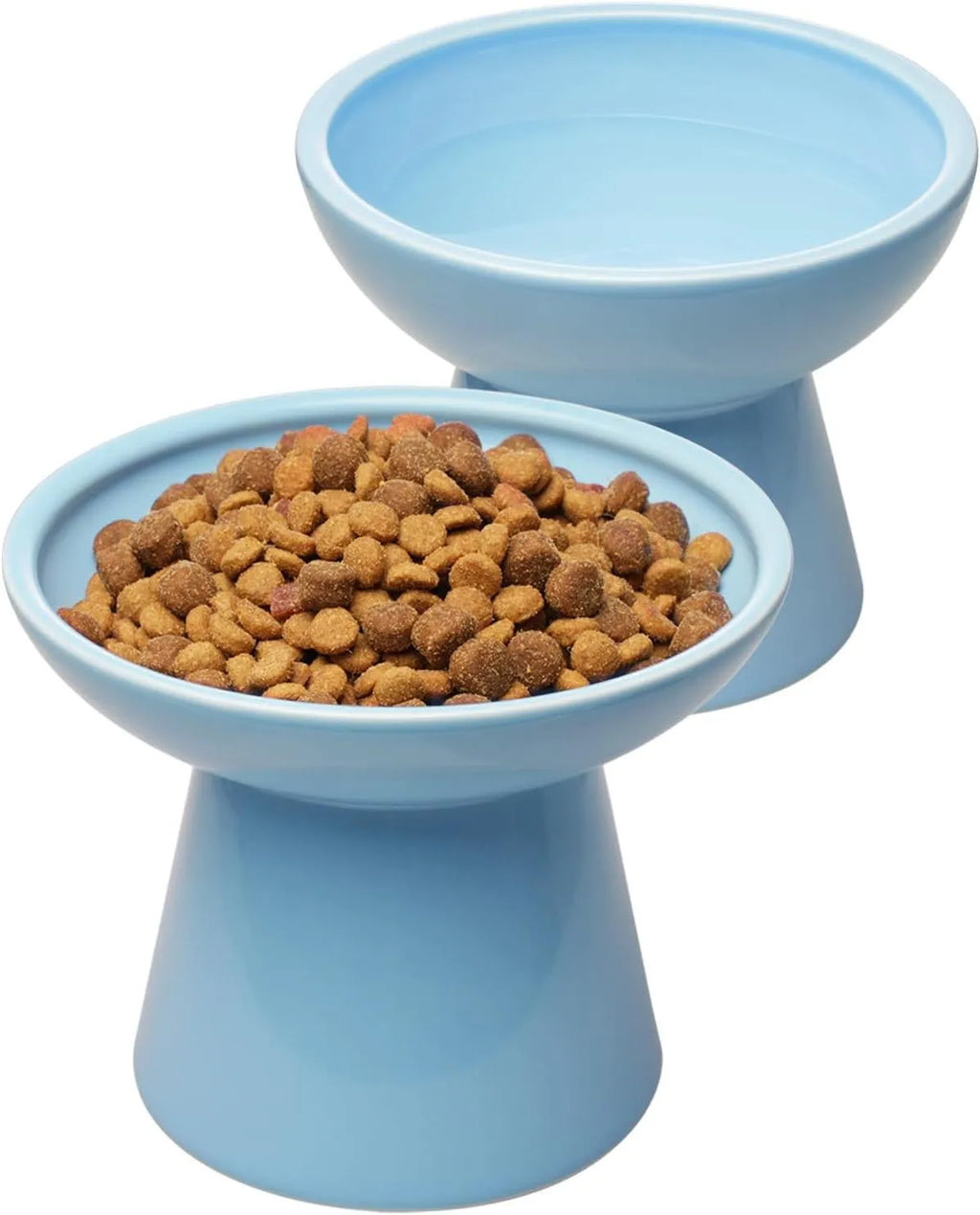 Extra wide elevated ceramic cat food and water bowl set in blue, green, pink or white