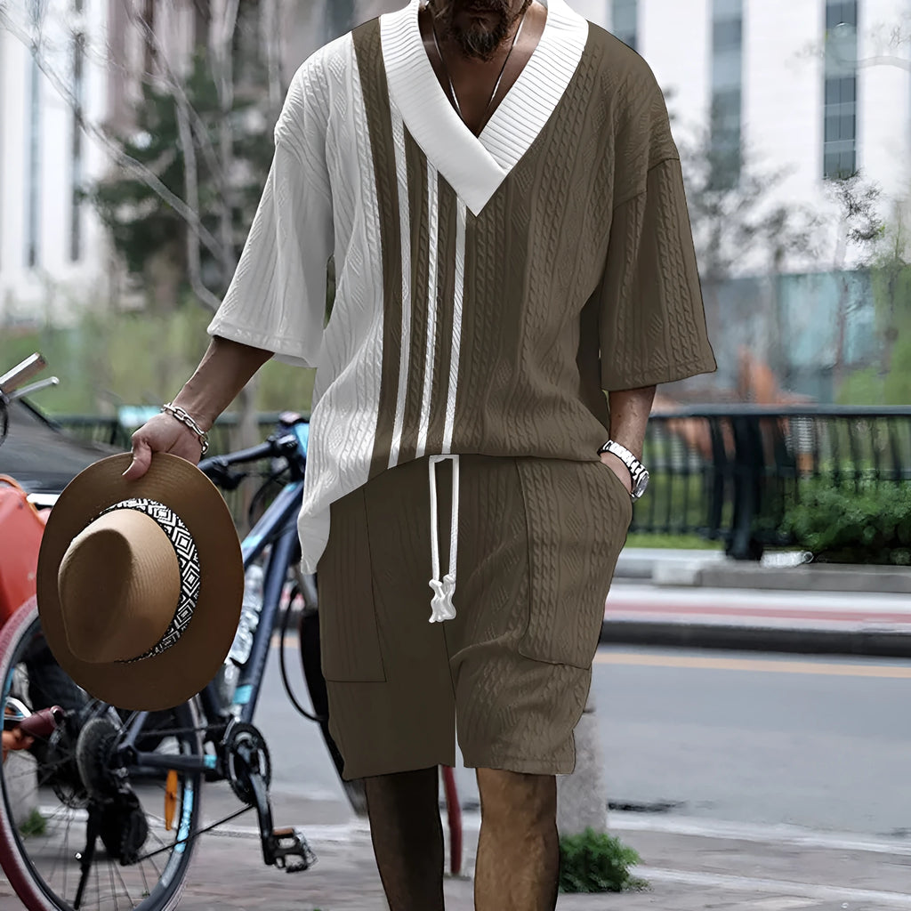 Men's knitted short-sleeved top and matching shorts in a solid colour, showing relaxed drop-shoulder fit.