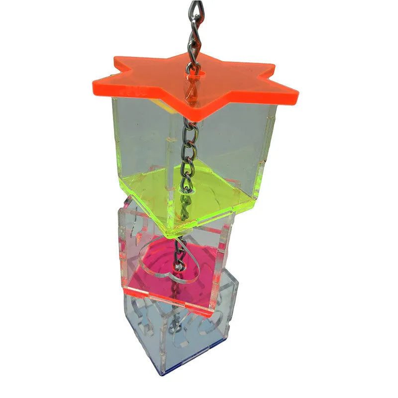Clear acrylic parrot foraging toy for holding nuts and fruit, measuring 5x5x32 cm