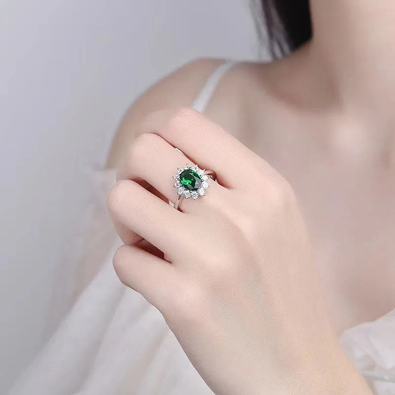 Blue moissanite women's copper ring with floral zirconium stone on a simple band, shown in three colour options.