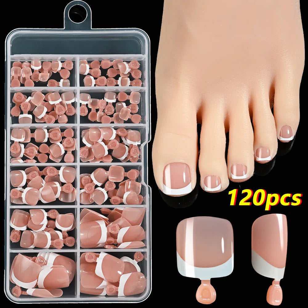 120 piece box of French white edge toenail pieces in nine nude colours with full square short shape