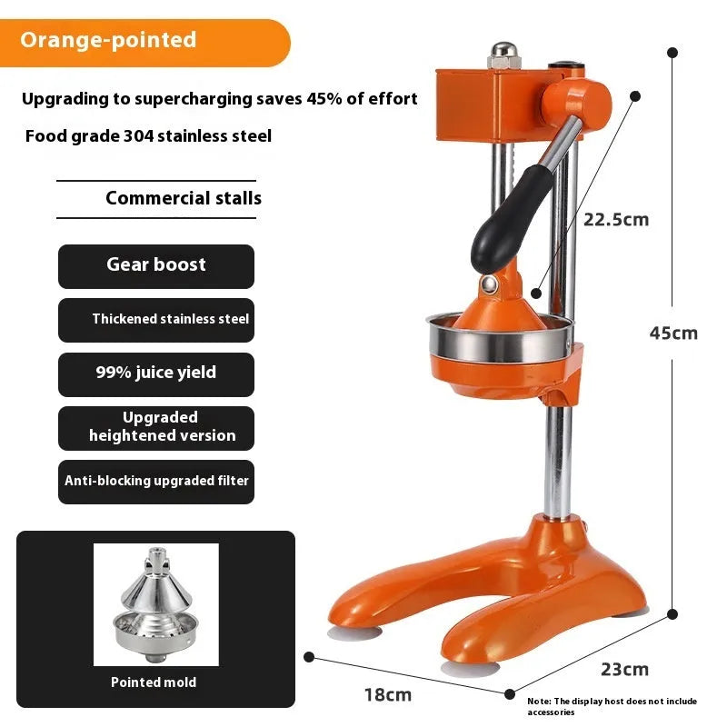 Stainless steel manual vertical juicer on a countertop, showing options for black, silver, orange, white, and electroplated finishes with pointed, flat, and double head tips.