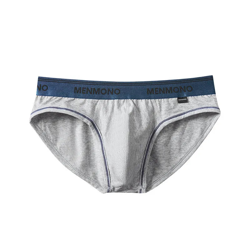 Men's low waist cotton blend briefs in a grey and blue colour block combination.