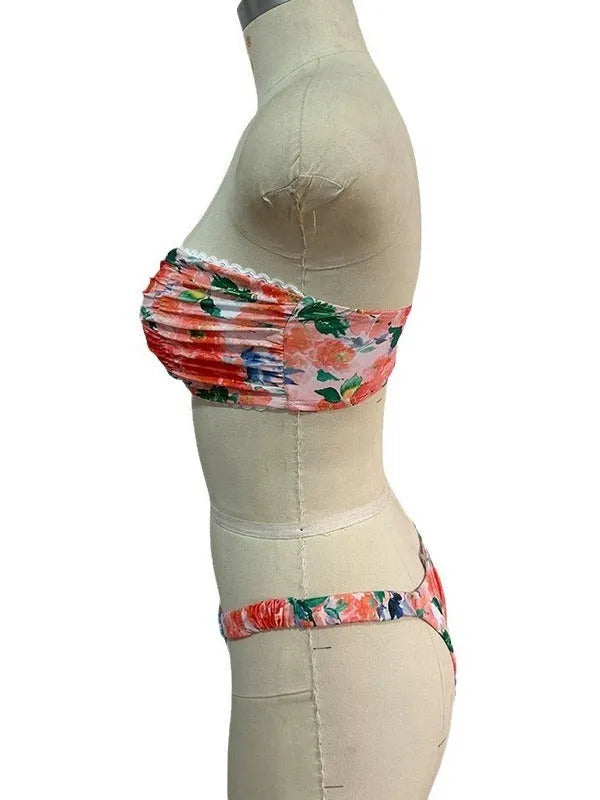 Printed tube top bikini set with lace detail and floral pattern in blue colour