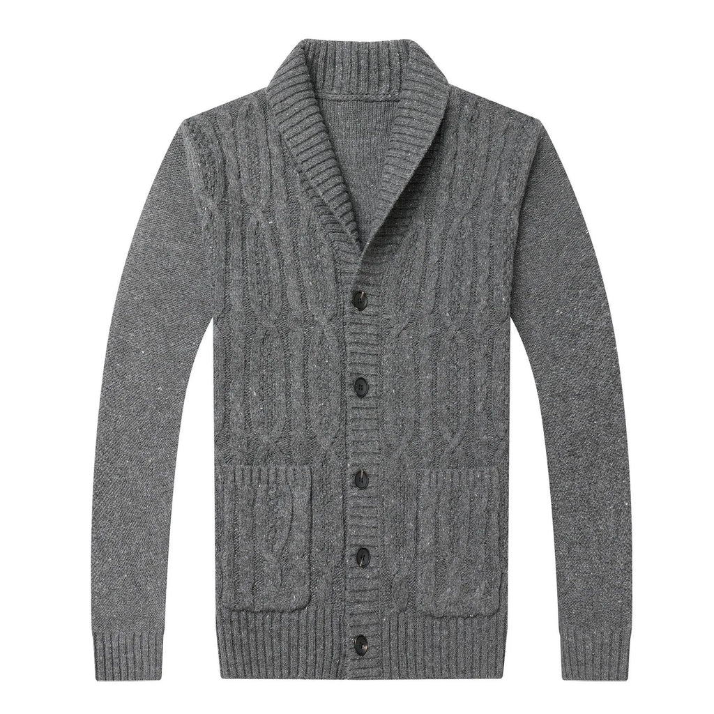 Man wearing a grey Korean style jacquard patterned knitted cardigan jacket.
