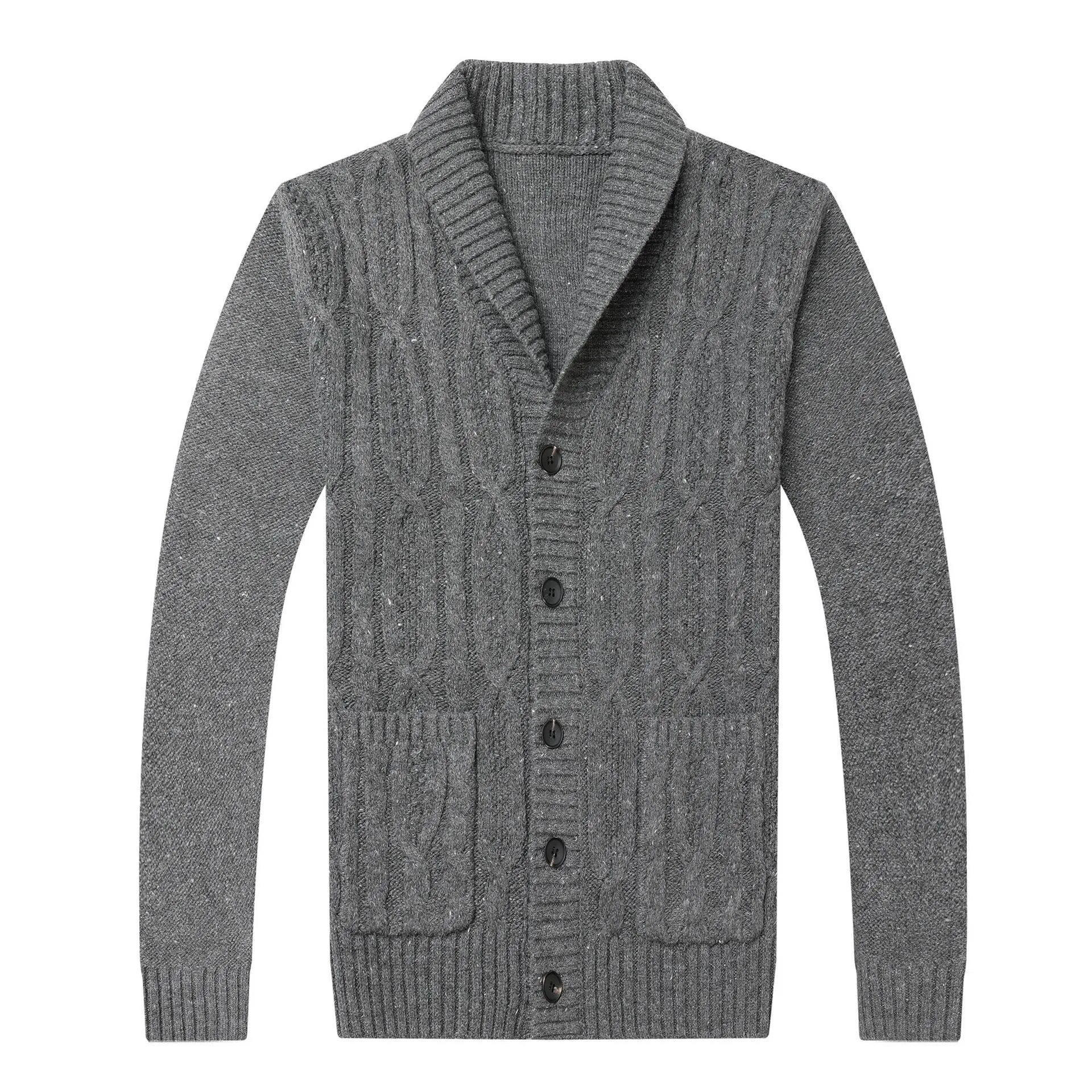 Man wearing a grey Korean style jacquard patterned knitted cardigan jacket.