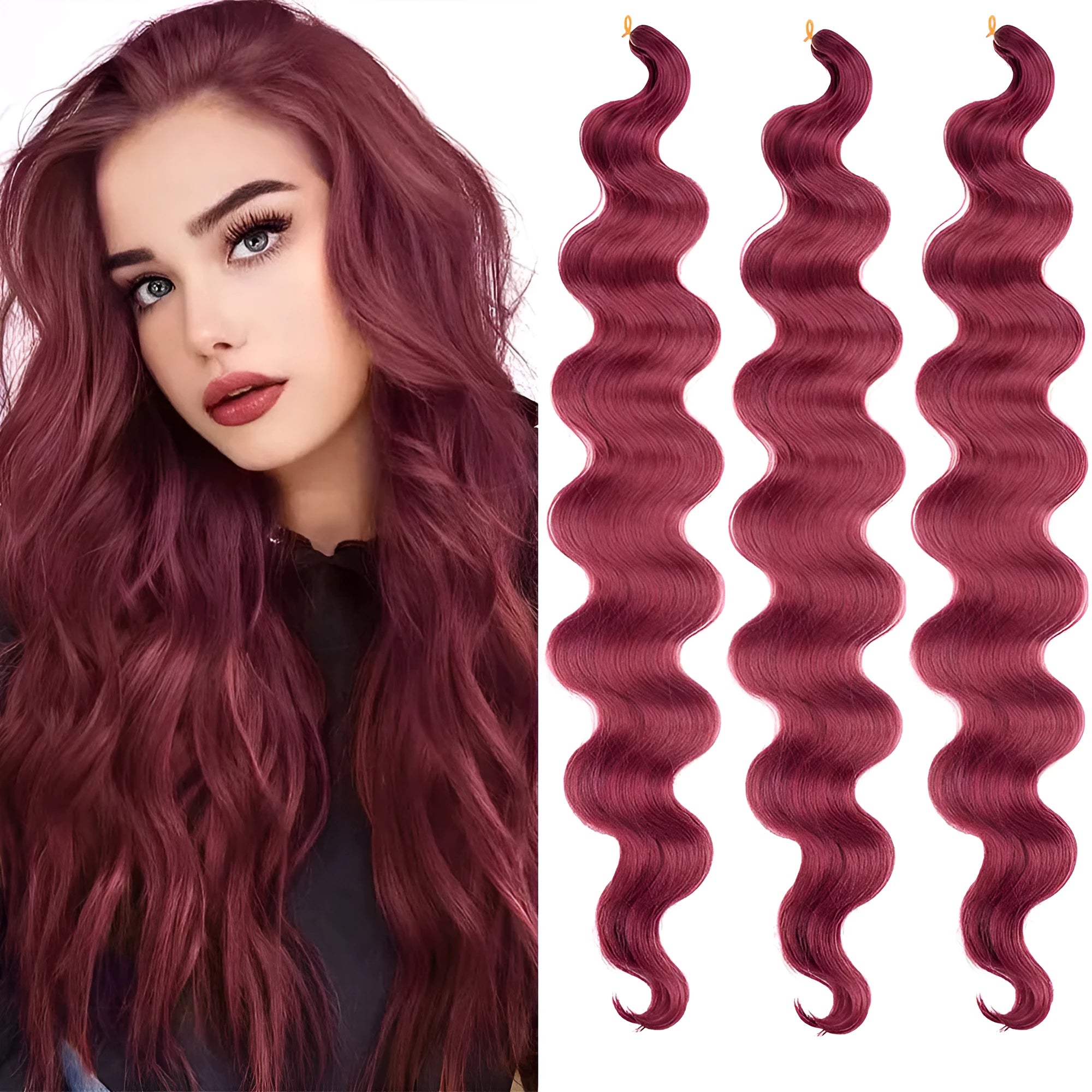 Wine red 24-inch crochet braid hair extensions with big wave texture on display