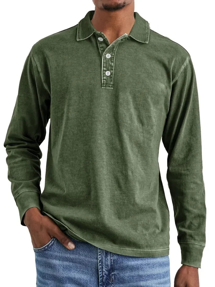 Retro washed distressed pure cotton lapel long sleeve polo shirt shown in Army Green.