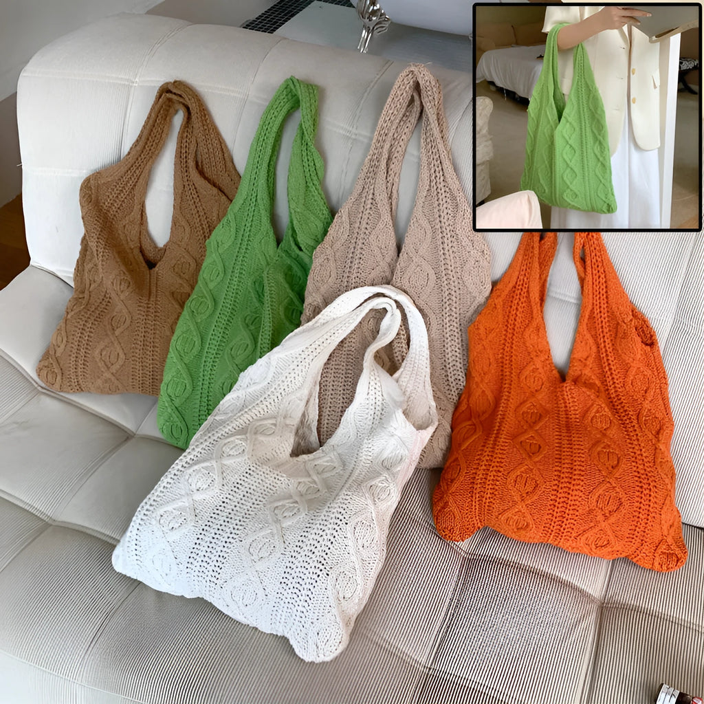 Retro hollow knitted shoulder tote bag in polyester with crochet design showing double straps and large capacity