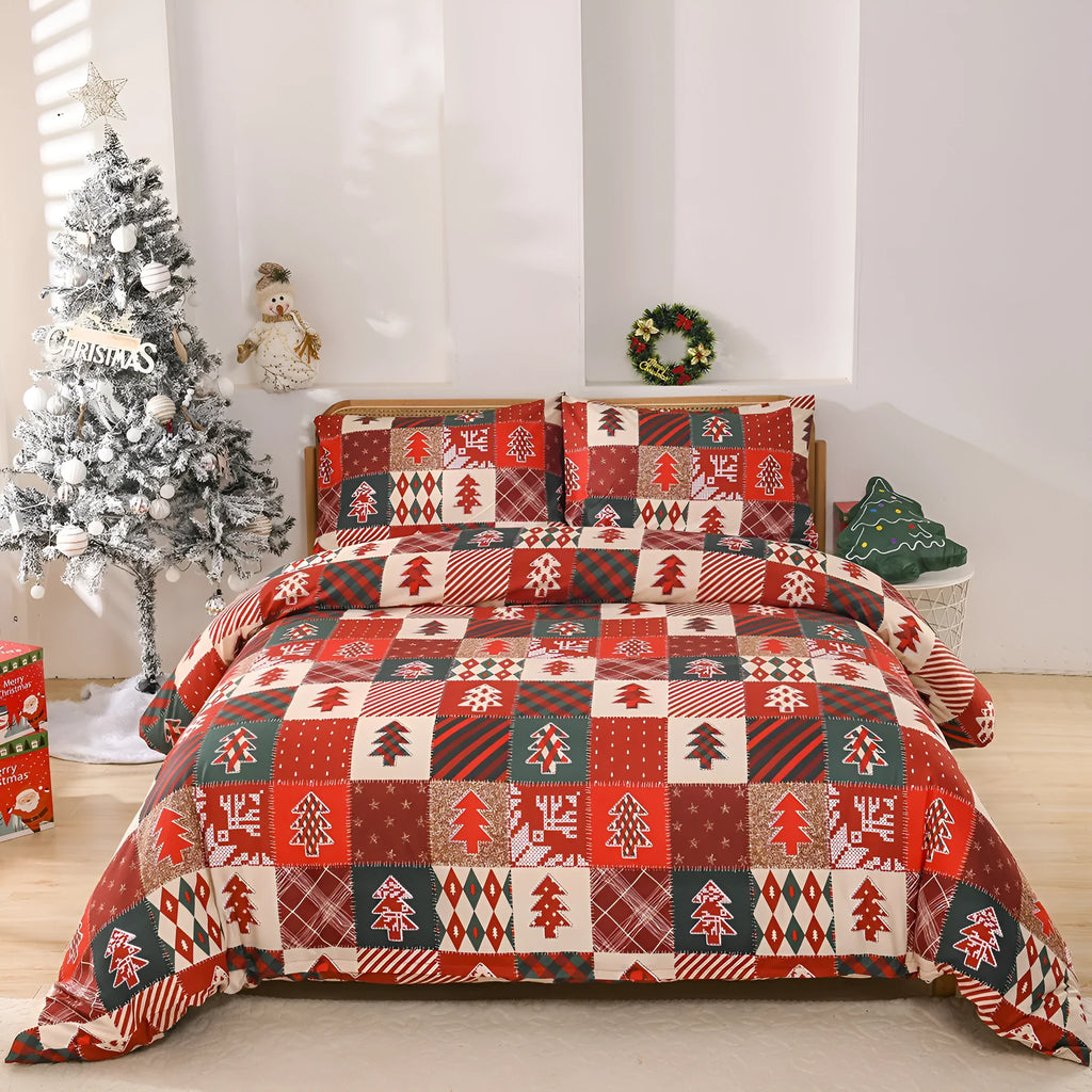 Red plaid patterned bedding three-piece set showing quilt cover and pillowcases