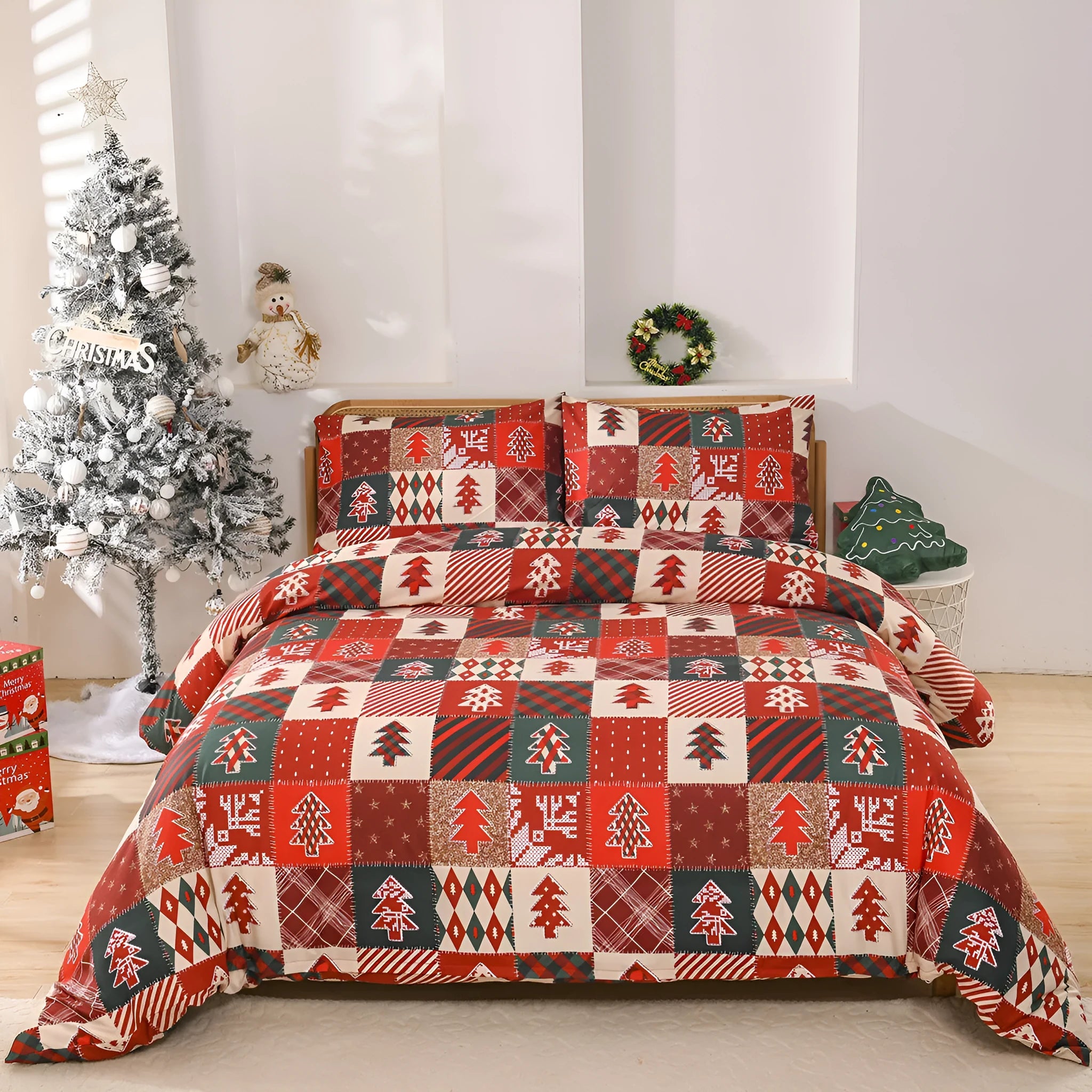 Red plaid patterned bedding three-piece set showing quilt cover and pillowcases