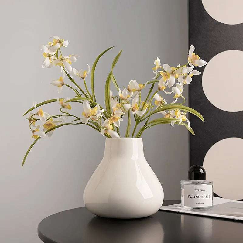 Ceramic round belly French vase in black or white glaze with optional artificial orchid flowers