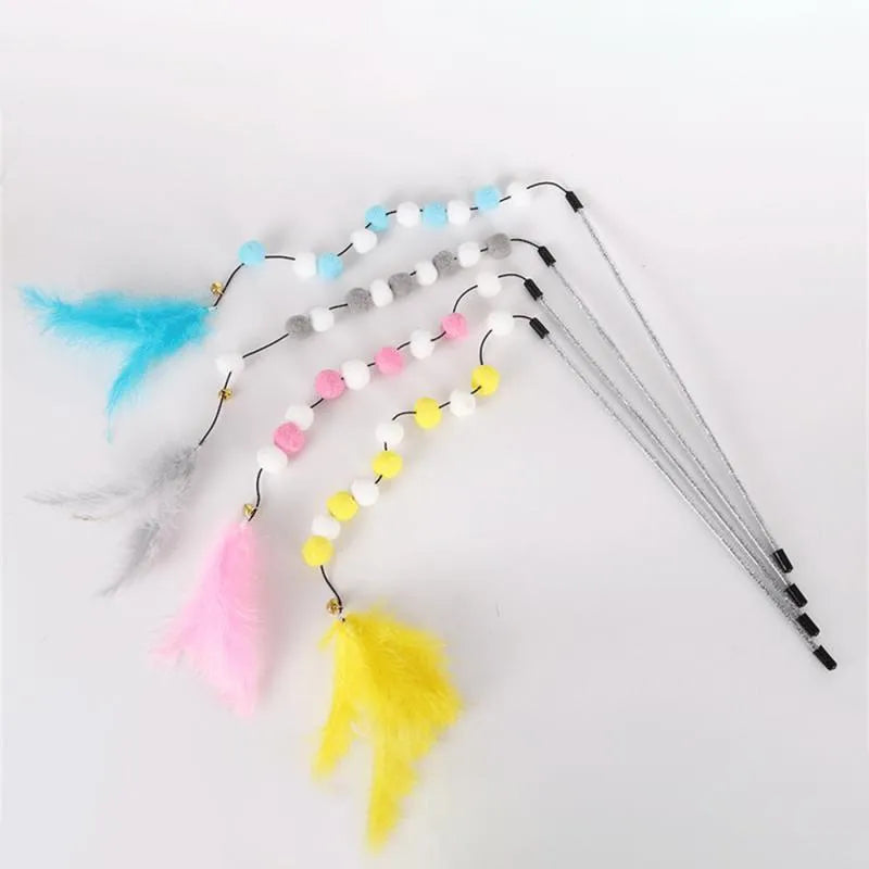 31cm acrylic cat teaser rod with bell and contrasting pompon feather in four colour options