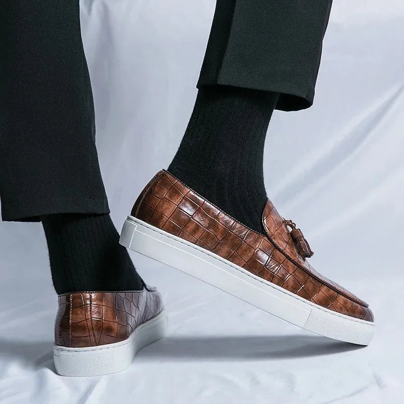 Plus size men's business casual sneakers with tassel detail on artificial PU upper in black, brown or white