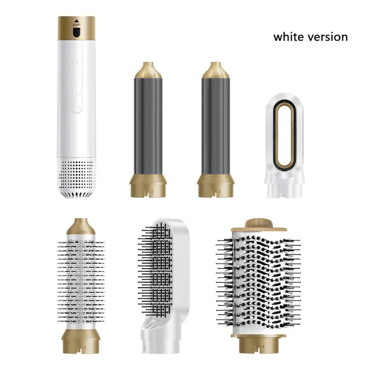 Six-in-one hot air styling comb with multiple attachments in dark blue or white with leather case