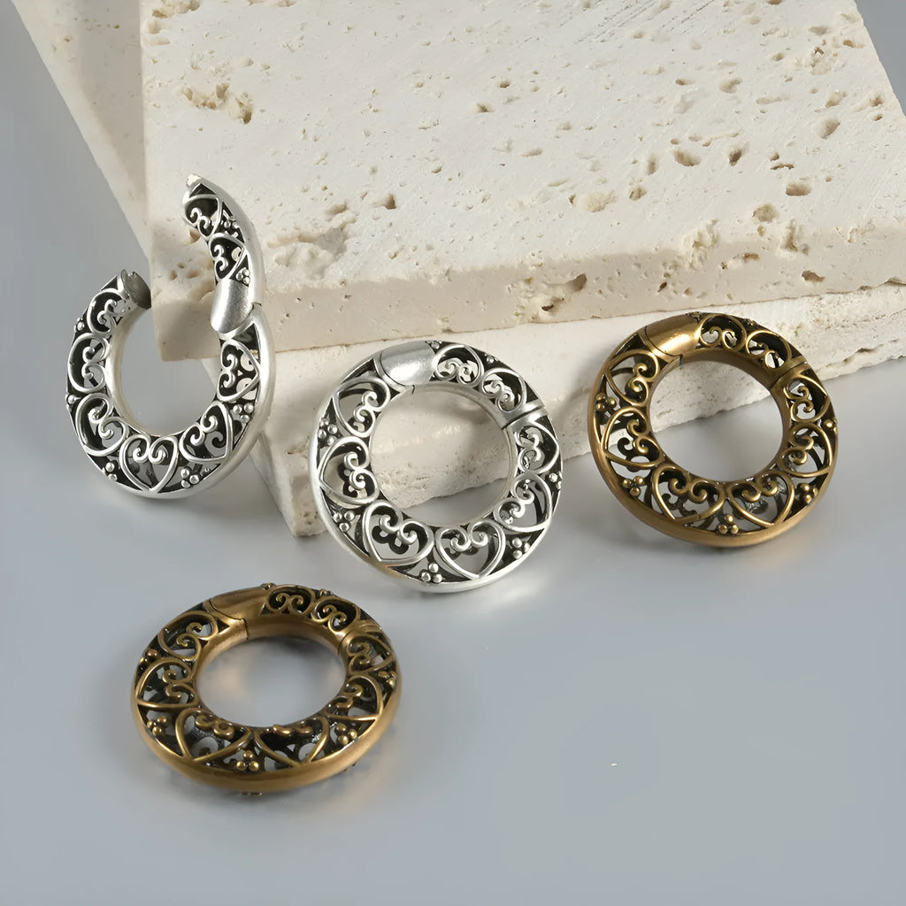 Retro heart-shaped and lotus-shaped magnetic earrings in antique silver and gold finishes