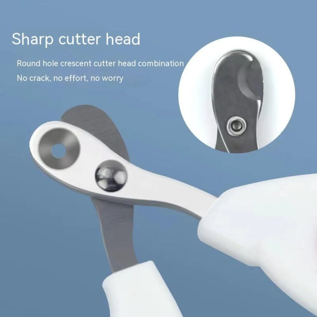Blue pet nail clippers with circular safety hole and cushioned non-slip handle for trimming cat and bird nails.