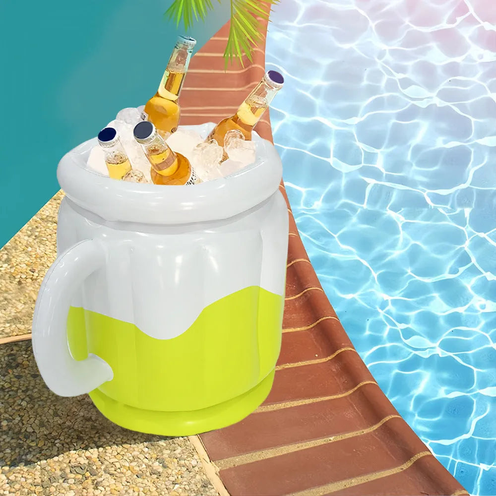 Inflatable ice bar set with cup holders and yellow ice bucket for party beverage cooling