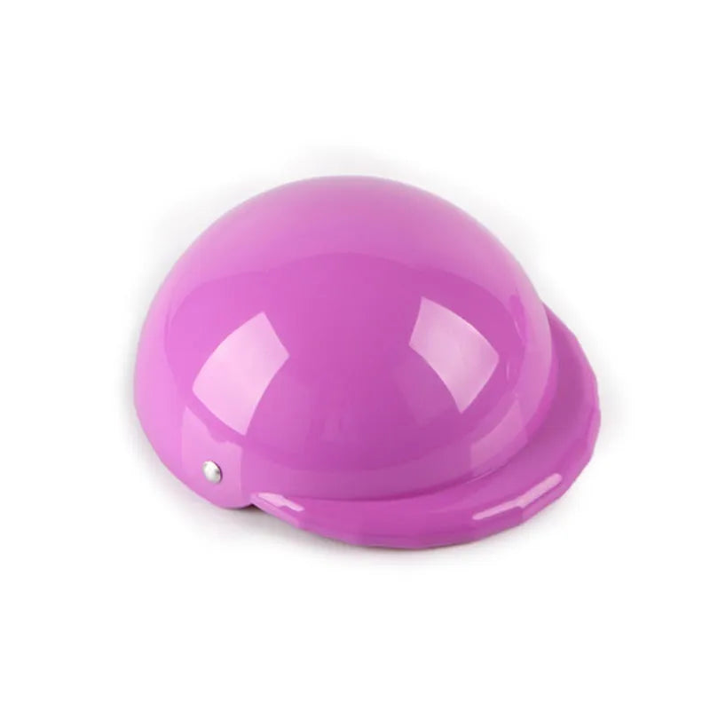 Plastic dog motorcycle cap helmet shown in multiple colours with Japanese style design