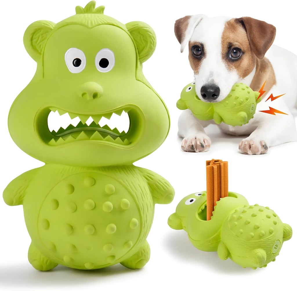 Green and yellow natural rubber dog chew toy for aggressive chewers, shown with a hollow centre for treats.